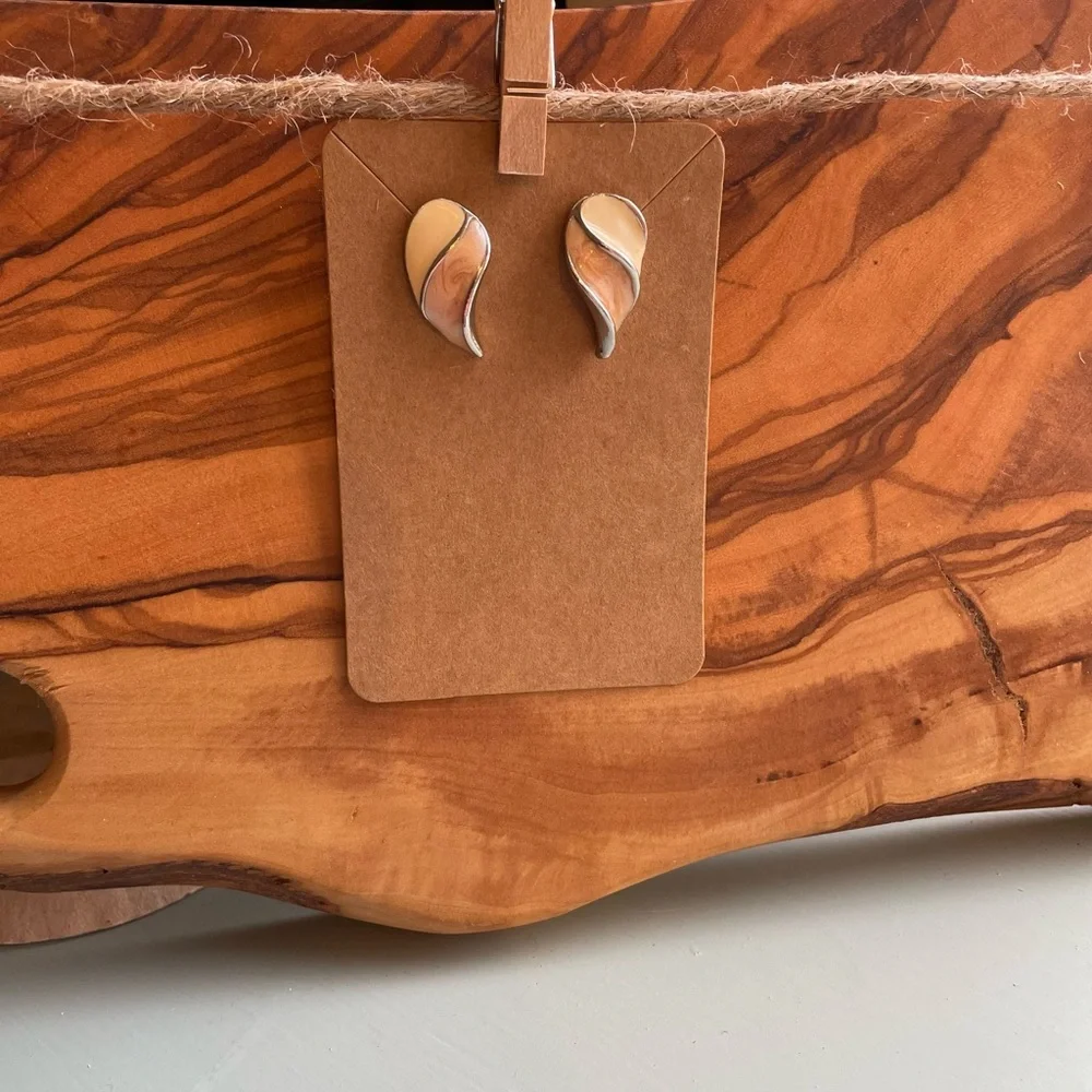 Vintage Monet Enamel Elegant Cream and Brown Wave Earrings - Picture 3 of 5